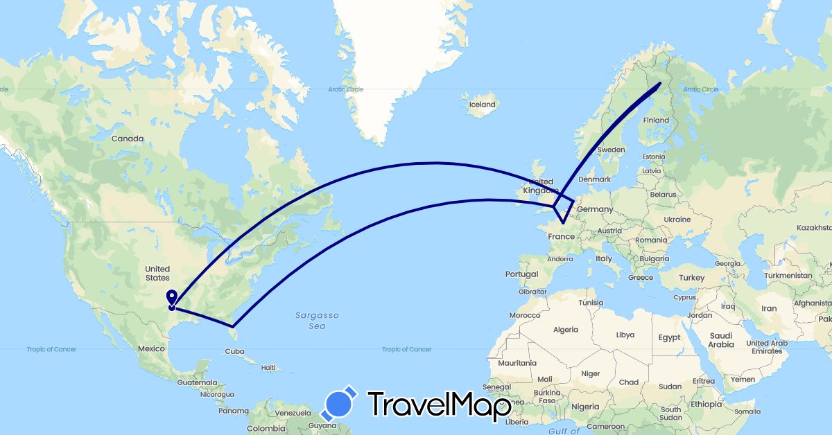 TravelMap itinerary: driving in Finland, France, United Kingdom, Netherlands, United States (Europe, North America)